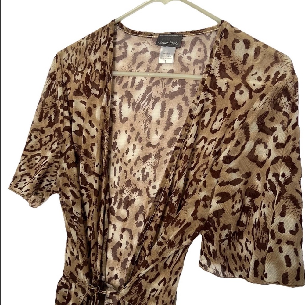 Jordan Taylor Maxi Dress L Brown Animal Print Mesh Tie V-Neck Short Sleeve
